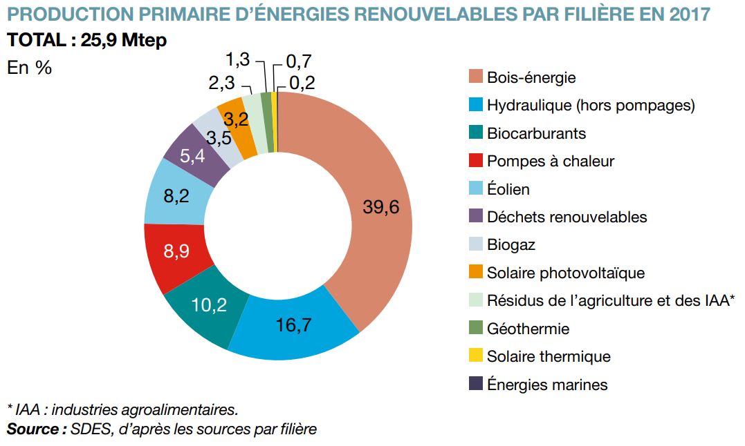 Production primaire d'énergies renouvelables par filière en 2017