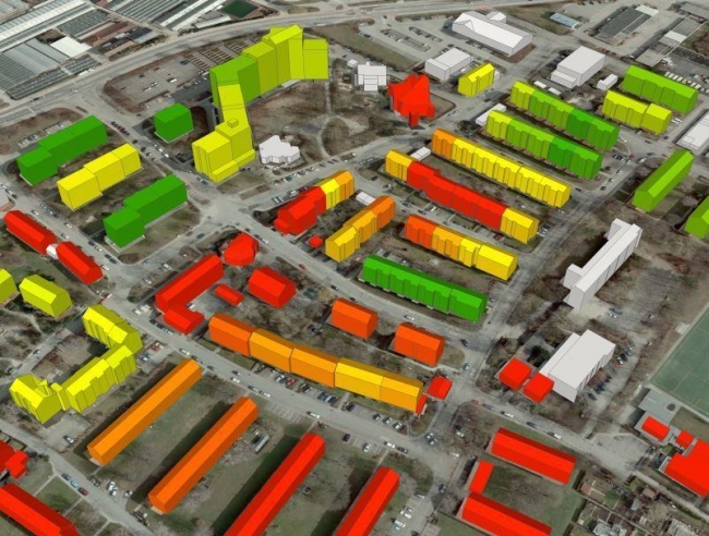Vue aérienne de bâtiments simulés en 3D par informatique sur fond photographique
