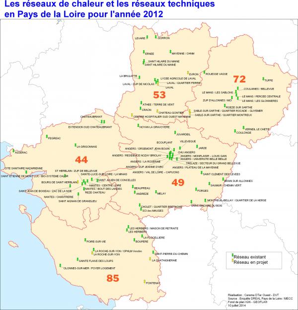 carte des réseaux de chaleur dans les cinq départements de la Région Pays-de-la-Loire