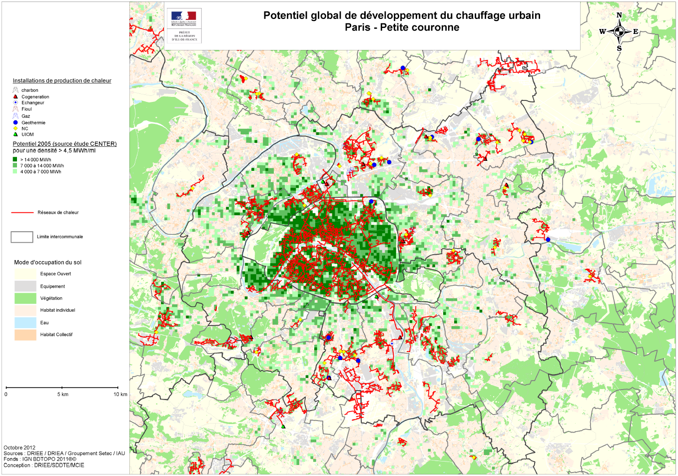 Carte du potentiel de développement du chauffage urbain Paris - petite couronne