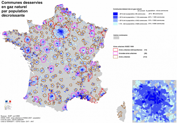 Carte des communes de France déservies en gaz naturel